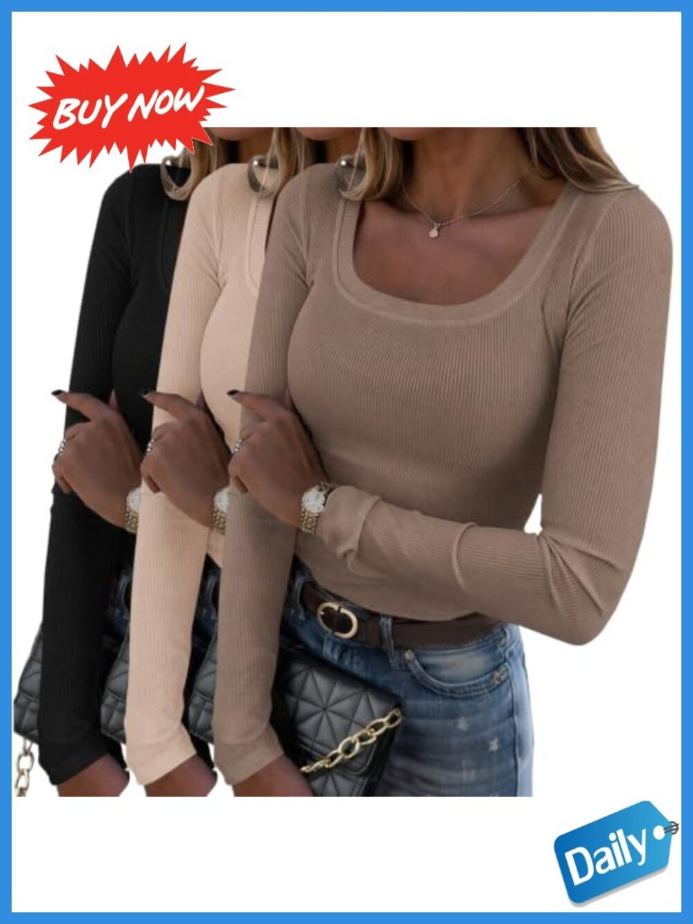 Rib Knit Long Sleeve Scoop Neck Slim Fit T-Shirt Top
